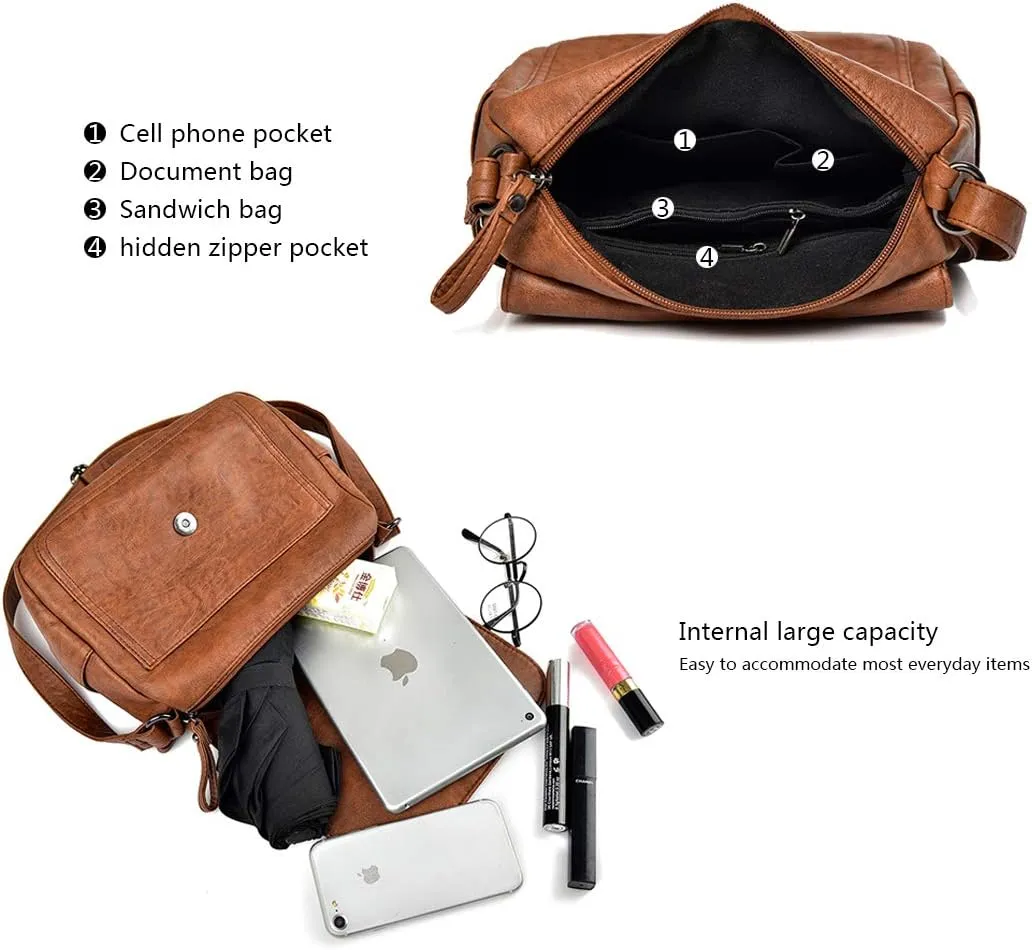 Women Crossbody Bag Purse Muti Zip Pocket Leather Fashion Shoulder Bags