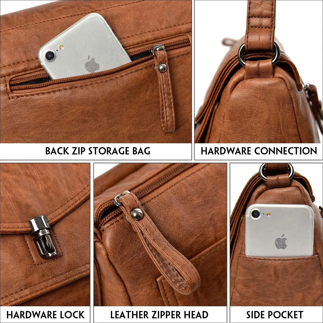 Women Crossbody Bag Purse Muti Zip Pocket Leather Fashion Shoulder Bags