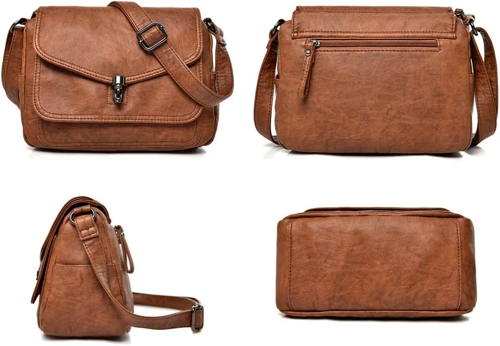 Women Crossbody Bag Purse Muti Zip Pocket Leather Fashion Shoulder Bags
