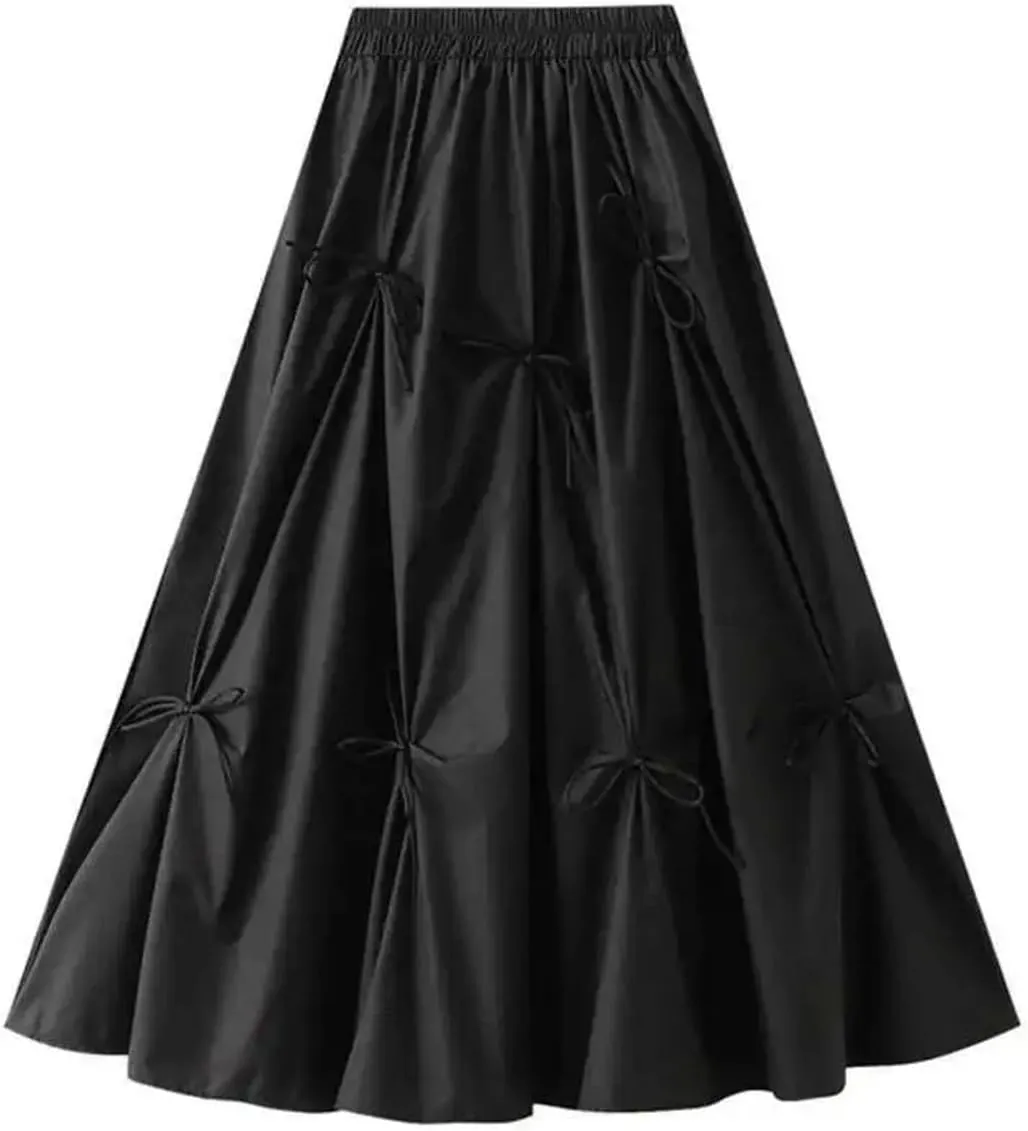 Women Elegant Fairy Style Match Patchwork Bow High Waist Vintage Umbrella Skirt