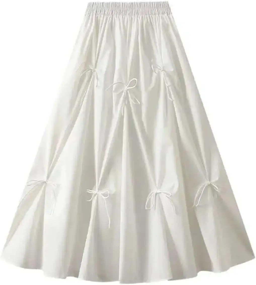 Women Elegant Fairy Style Match Patchwork Bow High Waist Vintage Umbrella Skirt