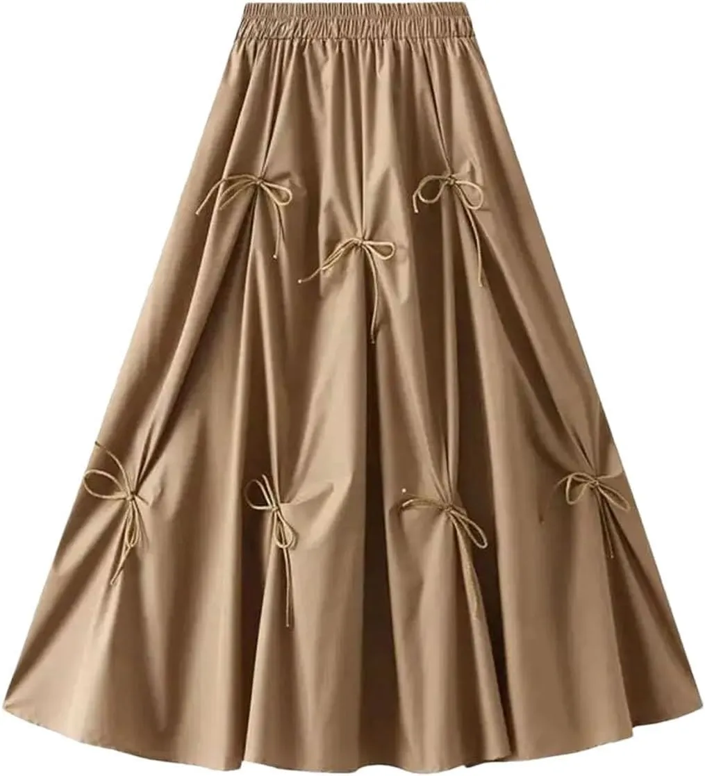 Women Elegant Fairy Style Match Patchwork Bow High Waist Vintage Umbrella Skirt