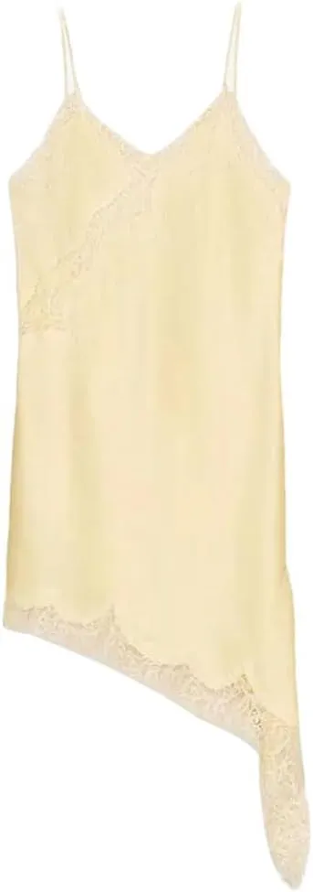 Women Elegant Satin Asymmetric Lace Patchwork Mini Dress Solid Neck Sleeveless Sling Dresses