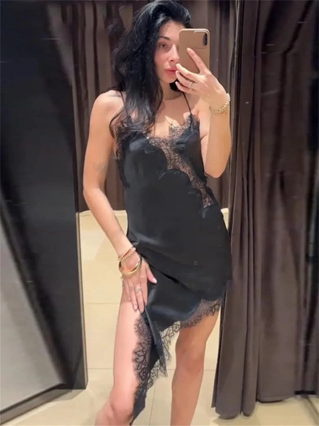 Women Elegant Satin Asymmetric Lace Patchwork Mini Dress Solid Neck Sleeveless Sling Dresses