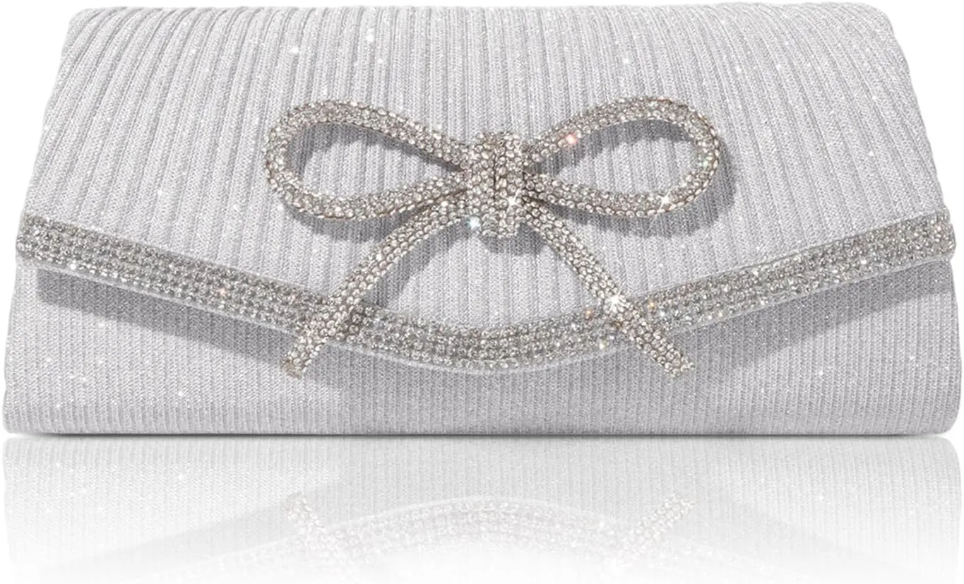 Women Evening Handbags Sparkly Bow Clutch Purse Wedding Glitter Rhinestone Party Prom Purse Dressy Clutch Bags