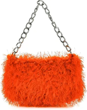 Women Faux Fur Fluffy Shoudler Bag Trendy Soft Plush Hobo Purse Y2K Fuzzy Underarm Tote Small Square Chain Strap Handbag