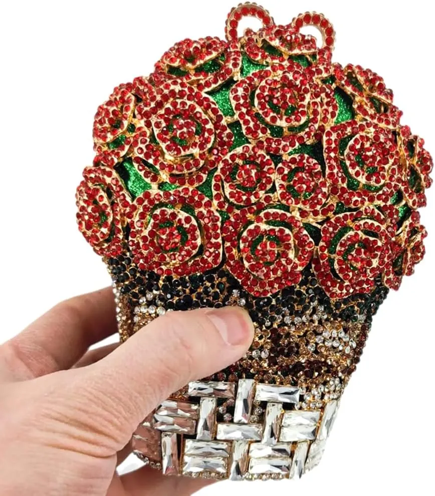 Women Floral Rhinestone Purse Diamond Flower Basket Handbag Unique Crystal Clutch Luxury Wedding Party Evening Bag
