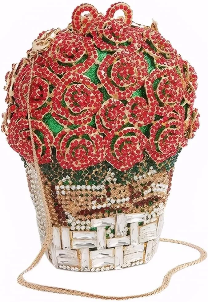 Women Floral Rhinestone Purse Diamond Flower Basket Handbag Unique Crystal Clutch Luxury Wedding Party Evening Bag