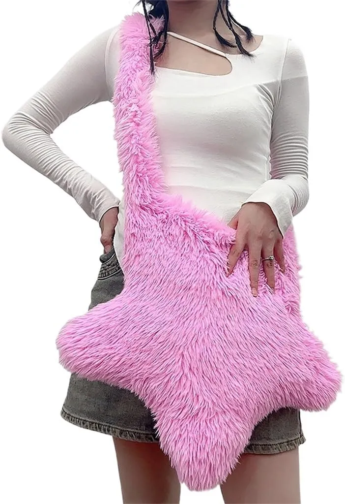 Women Fluffy Star Shaped Handbag Faux Fur Shoulder Bag Plush Crossbody Bag for Amusement Park Shopping Daily Life