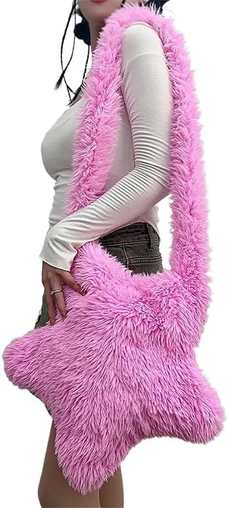 Women Fluffy Star Shaped Handbag Faux Fur Shoulder Bag Plush Crossbody Bag for Amusement Park Shopping Daily Life