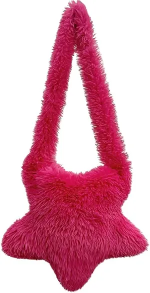 Women Fluffy Star Shaped Handbag Faux Fur Shoulder Bag Plush Crossbody Bag for Amusement Park Shopping Daily Life