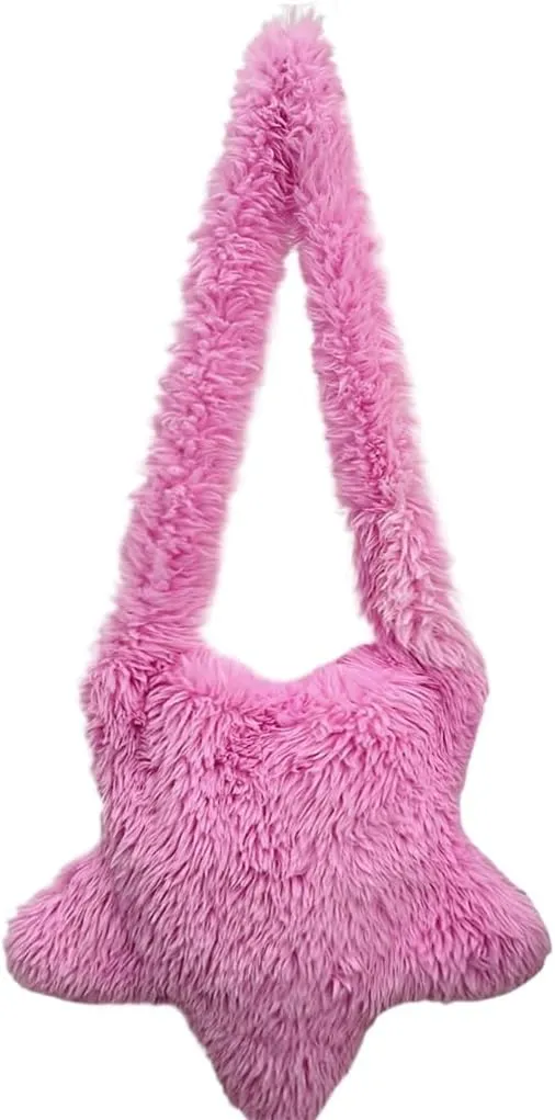 Women Fluffy Star Shaped Handbag Faux Fur Shoulder Bag Plush Crossbody Bag for Amusement Park Shopping Daily Life