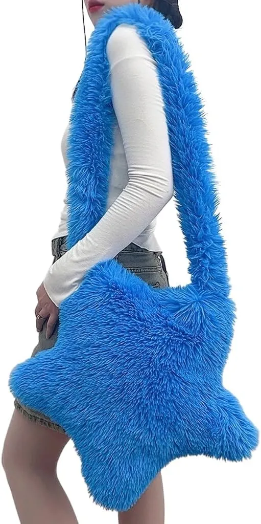 Women Fluffy Star Shaped Handbag Faux Fur Shoulder Bag Plush Crossbody Bag for Amusement Park Shopping Daily Life