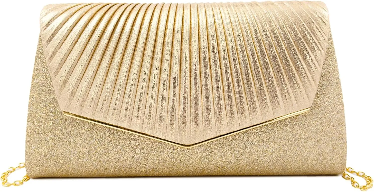 Women Gold Clutch Purse Chain Shoulder Purse Trendy Small Formal Evening Bag Mini Leather Crossbody Bag Handbag Gold