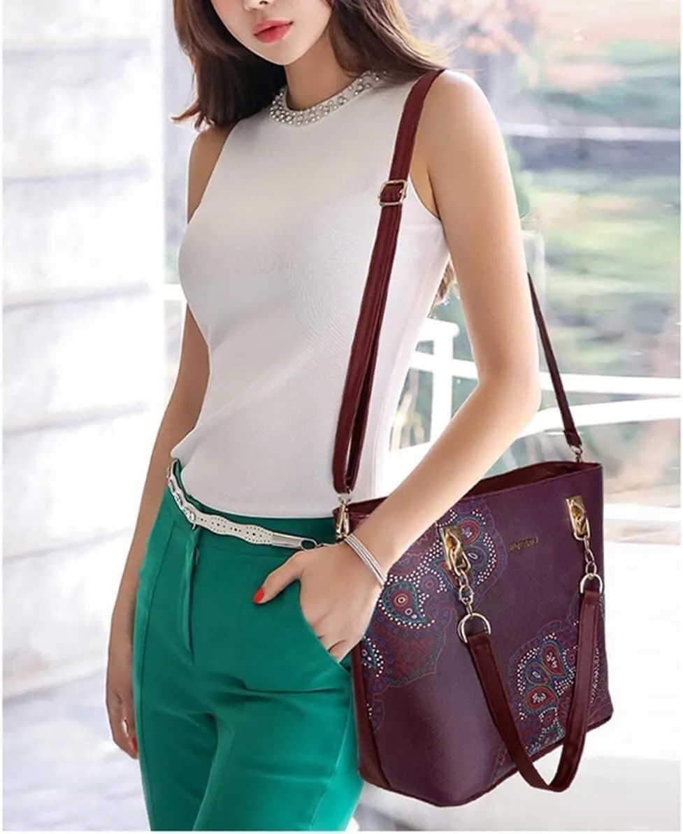 Women Handbags Floral Print 6PCS Handbag and Purse Set Leather Shoulder Tote Work Satchel Crossbody Bags
