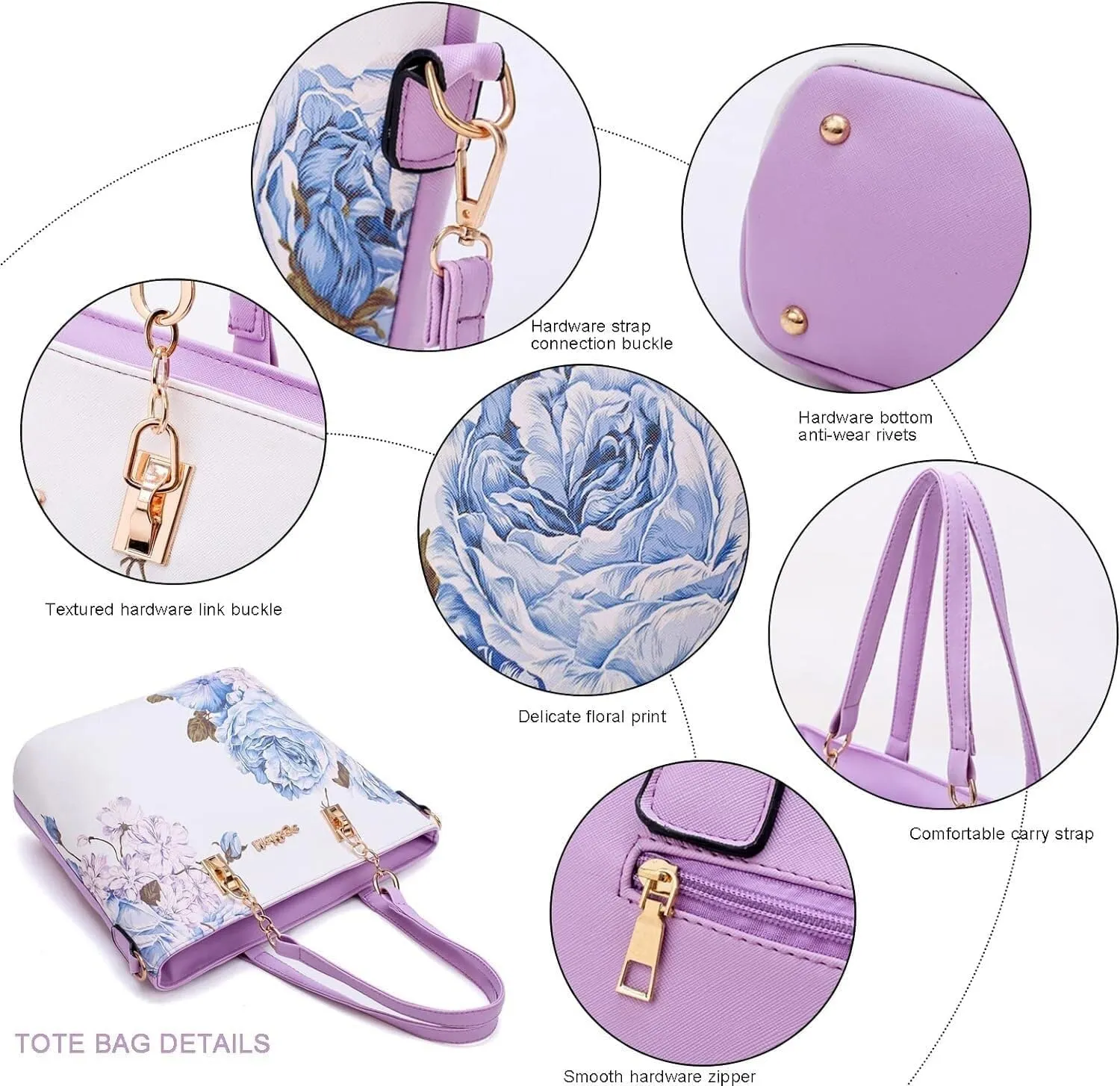 Women Handbags Floral Print 6PCS Handbag and Purse Set Leather Shoulder Tote Work Satchel Crossbody Bags