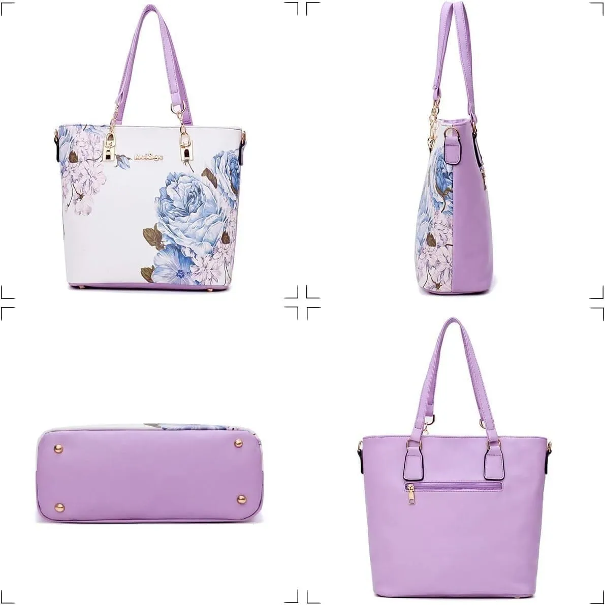 Women Handbags Floral Print 6PCS Handbag and Purse Set Leather Shoulder Tote Work Satchel Crossbody Bags