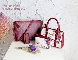 Women Handbags Floral Print 6PCS Handbag and Purse Set Leather Shoulder Tote Work Satchel Crossbody Bags