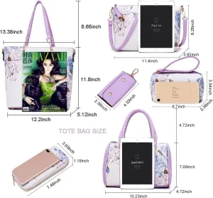 Women Handbags Floral Print 6PCS Handbag and Purse Set Leather Shoulder Tote Work Satchel Crossbody Bags