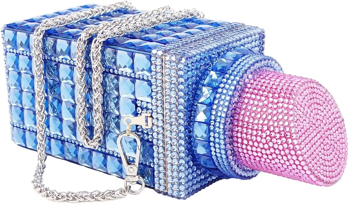 Women Lipstick Shape Inlaid Rhinestone Crystal Glitter Evening Bags Purses Clutch Sparkly Banquet Handbag