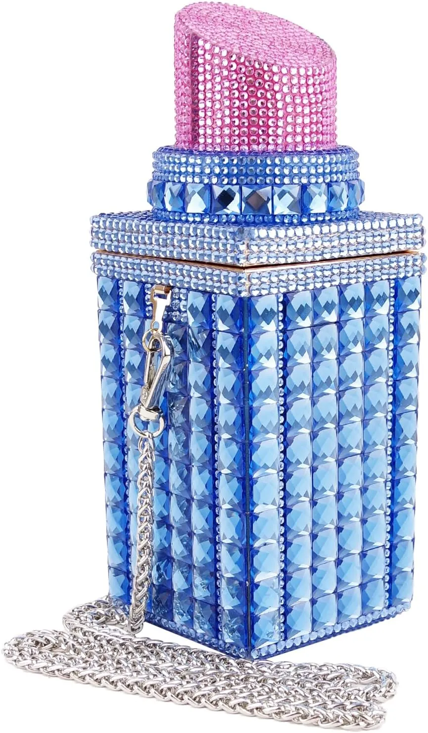 Women Lipstick Shape Inlaid Rhinestone Crystal Glitter Evening Bags Purses Clutch Sparkly Banquet Handbag