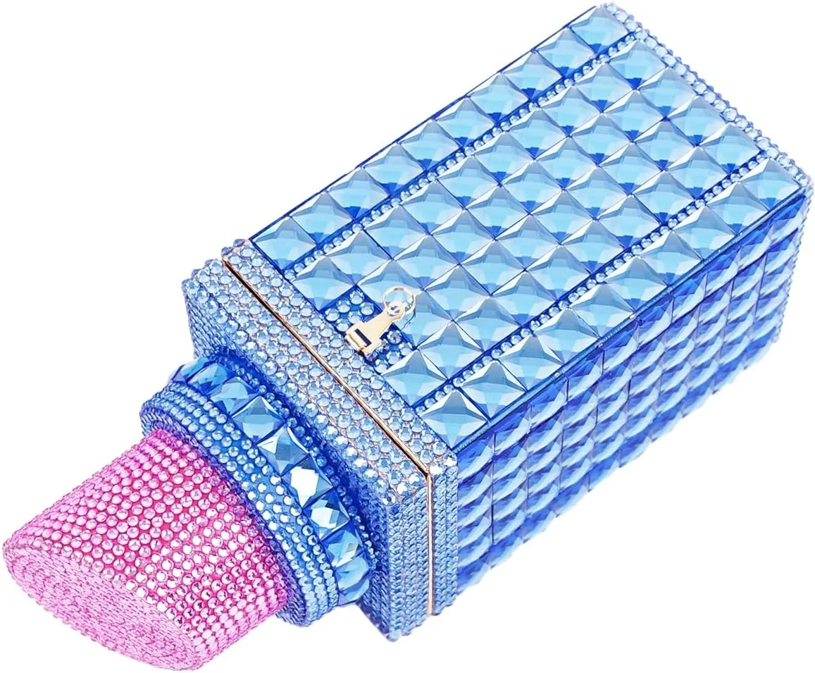 Women Lipstick Shape Inlaid Rhinestone Crystal Glitter Evening Bags Purses Clutch Sparkly Banquet Handbag