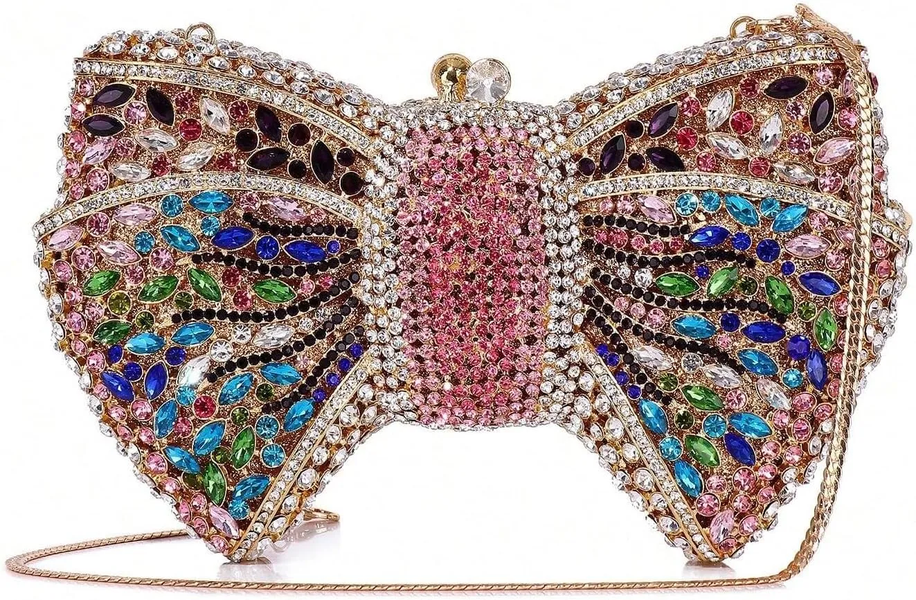 Women Luxury Bowknot Shaped Evening Clutch Sparkling Rhinestones Handbag for Banquet Wedding Party