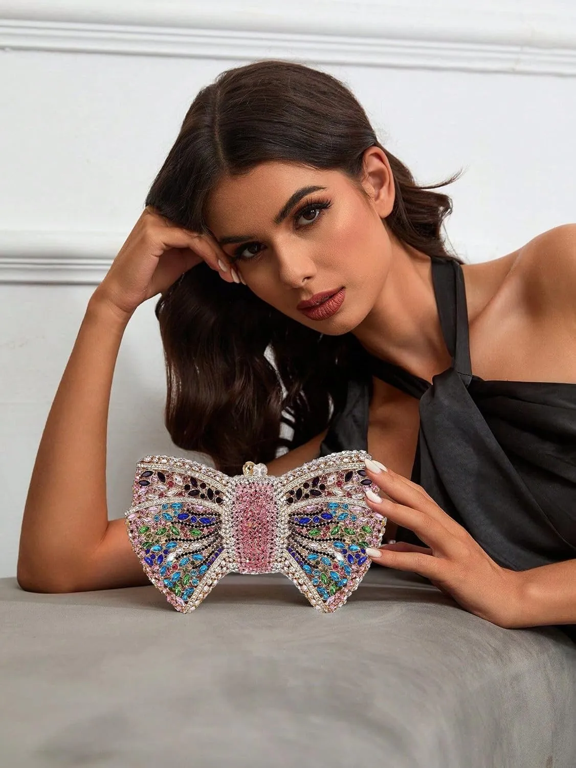 Women Luxury Bowknot Shaped Evening Clutch Sparkling Rhinestones Handbag for Banquet Wedding Party