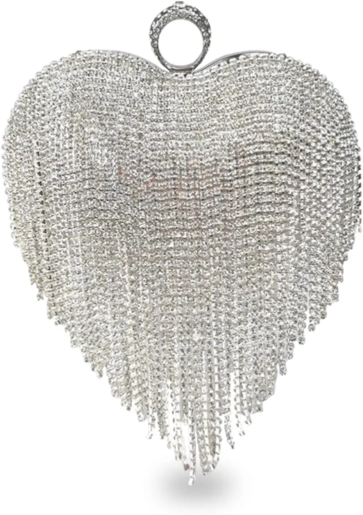 Women Luxury Heart Shape Tassel Evening Clutch Bag Rhinestone Handbag Bridal Wedding Purse