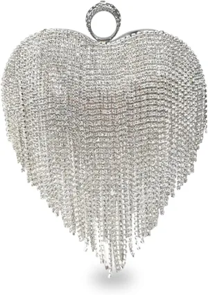 Women Luxury Heart Shape Tassel Evening Clutch Bag Rhinestone Handbag Bridal Wedding Purse