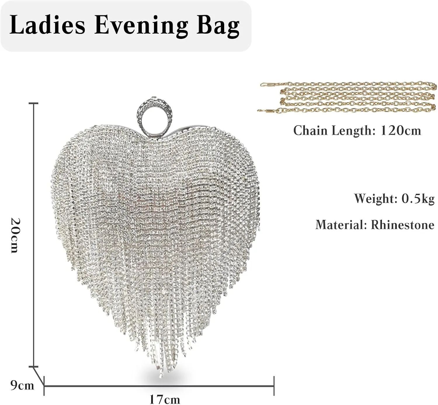Women Luxury Heart Shape Tassel Evening Clutch Bag Rhinestone Handbag Bridal Wedding Purse