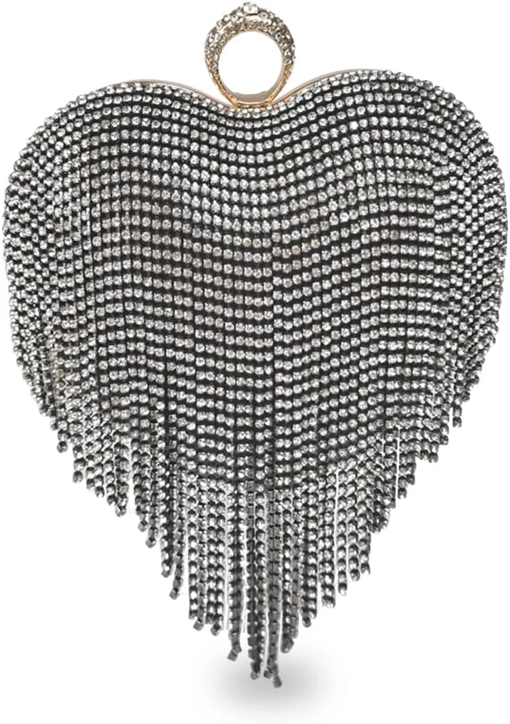 Women Luxury Heart Shape Tassel Evening Clutch Bag Rhinestone Handbag Bridal Wedding Purse