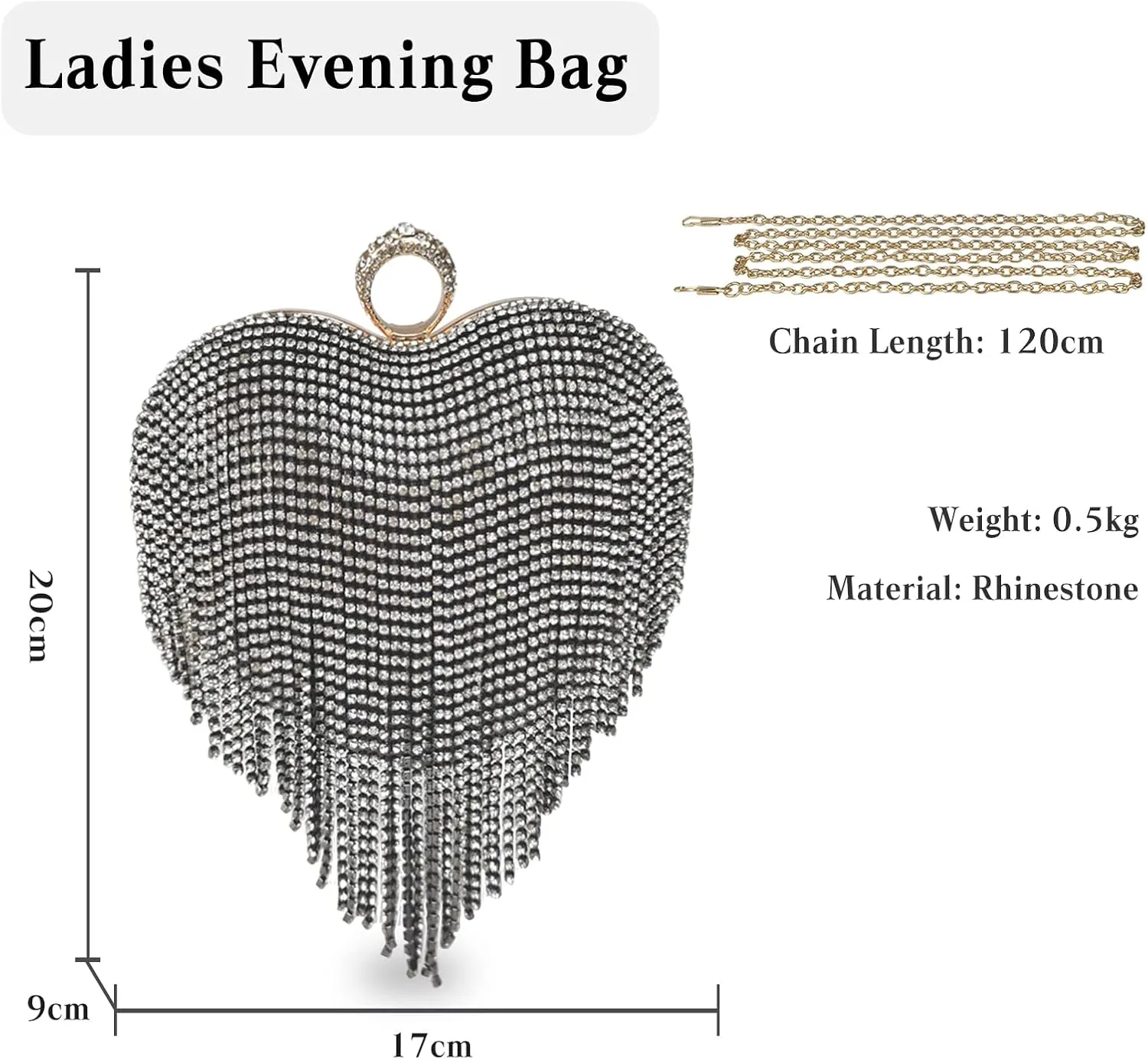 Women Luxury Heart Shape Tassel Evening Clutch Bag Rhinestone Handbag Bridal Wedding Purse