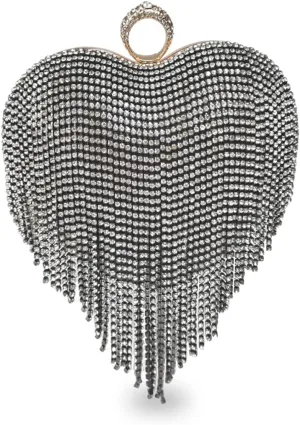 Women Luxury Heart Shape Tassel Evening Clutch Bag Rhinestone Handbag Bridal Wedding Purse