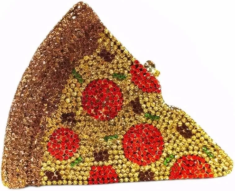 Women Luxury Pizza Evening Bag Full Rhinestones Shiny Clutch Purse Detachable Chain for Festival Halloween Christmas