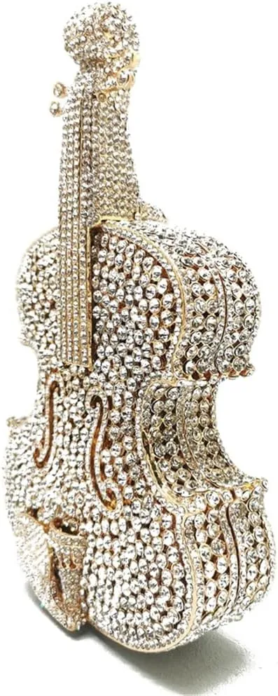 Women Mini Violin Evening Bag Sparkling Rhinestones Clutch Wedding Party Banquet Purse