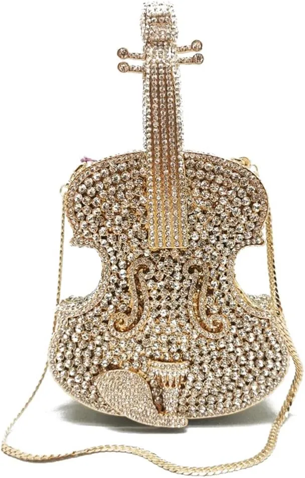 Women Mini Violin Evening Bag Sparkling Rhinestones Clutch Wedding Party Banquet Purse