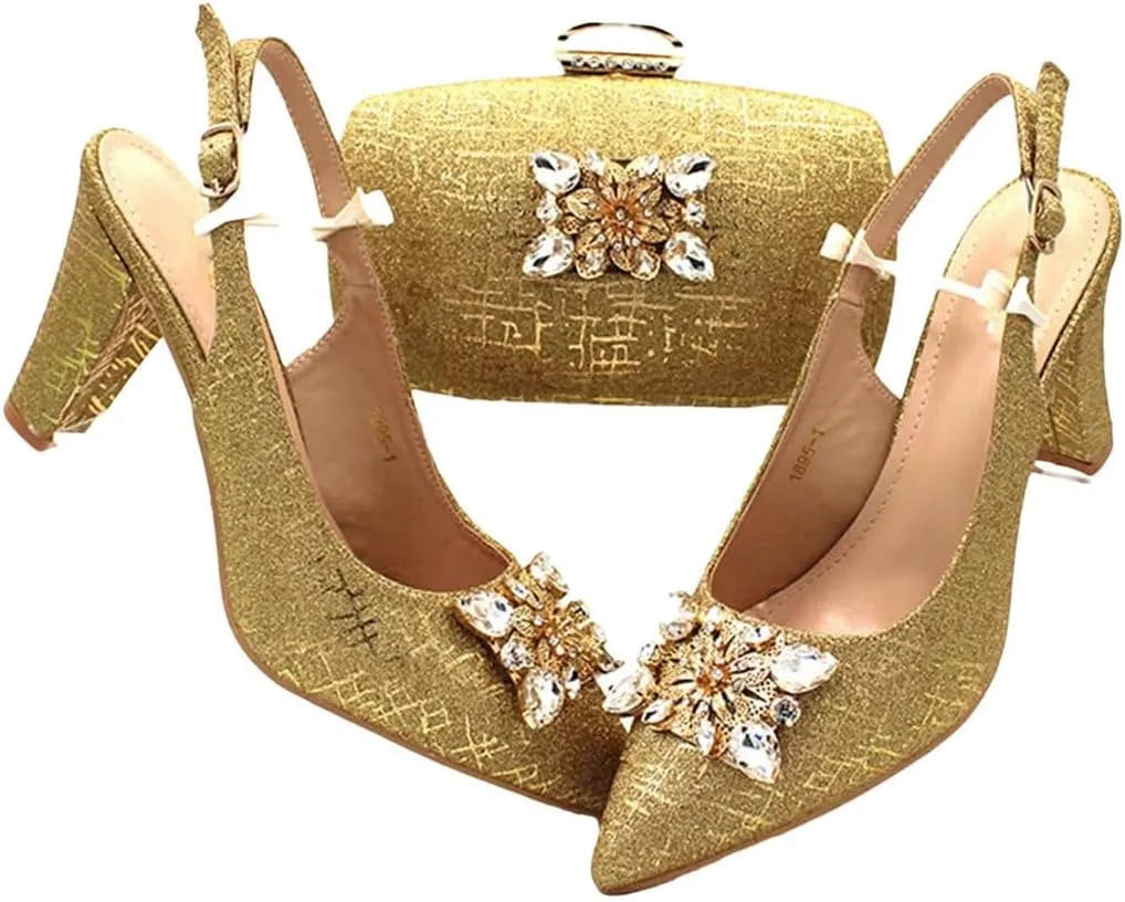 Women Pointed Toe Shoes Matching Bag Set for Nigerian Ladies Wedding Party