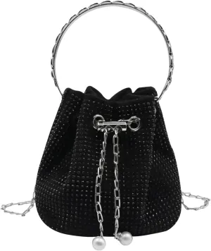 Women Rhinestone Evening Clutch Luxury Diamond Bucket Bag with Drawstring shining Crossbody Shoulder Purse for Prom