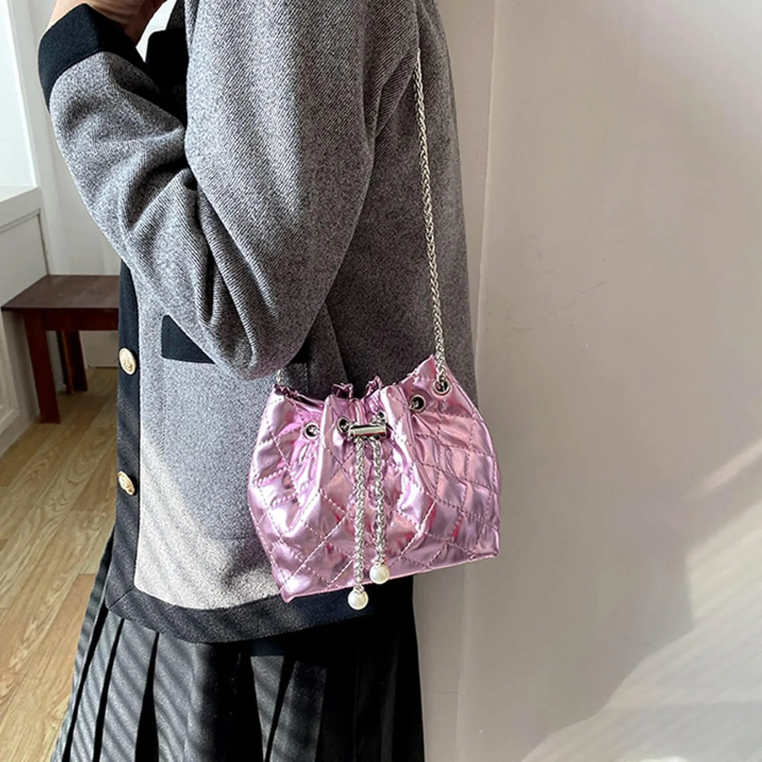 Women Rhinestone Evening Clutch Luxury Diamond Bucket Bag with Drawstring shining Crossbody Shoulder Purse for Prom