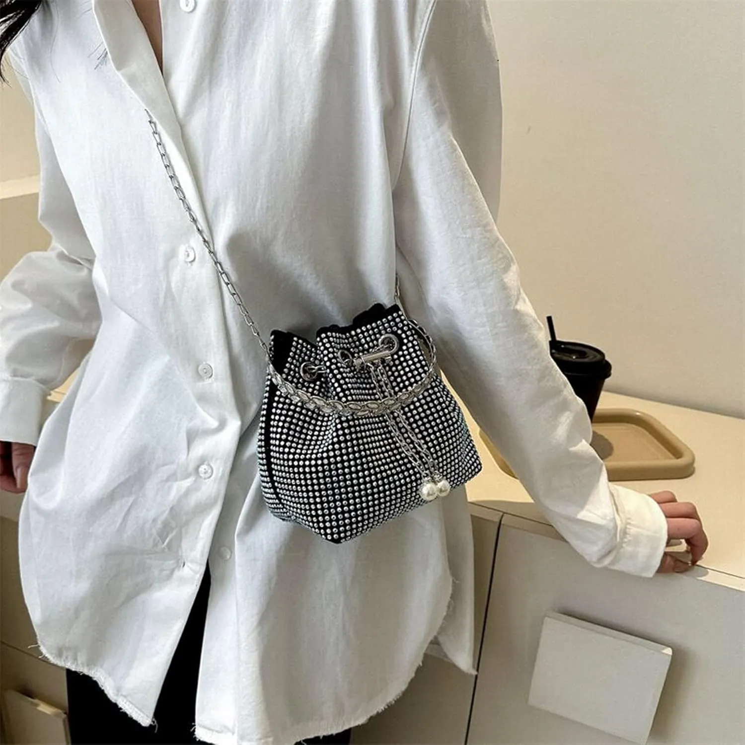 Women Rhinestone Evening Clutch Luxury Diamond Bucket Bag with Drawstring shining Crossbody Shoulder Purse for Prom
