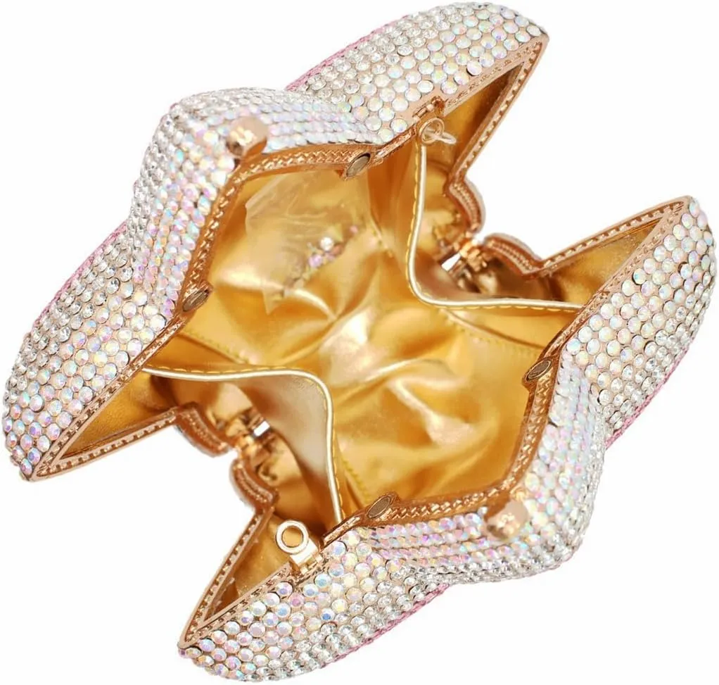Women Rhinestone Star Shape Clutch Purse Unique Crystal Evening Bag Luxury Chain Handbag for Wedding Cocktail Party