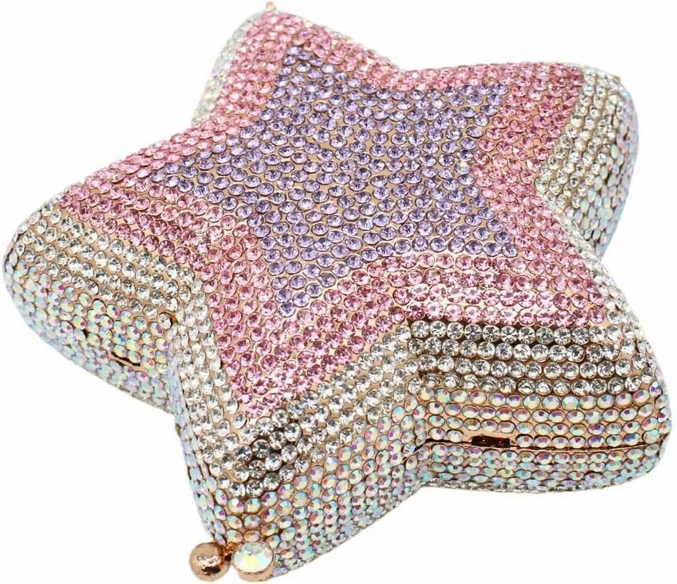 Women Rhinestone Star Shape Clutch Purse Unique Crystal Evening Bag Luxury Chain Handbag for Wedding Cocktail Party
