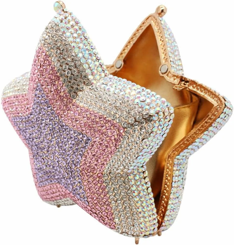 Women Rhinestone Star Shape Clutch Purse Unique Crystal Evening Bag Luxury Chain Handbag for Wedding Cocktail Party