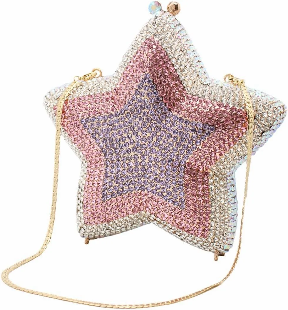 Women Rhinestone Star Shape Clutch Purse Unique Crystal Evening Bag Luxury Chain Handbag for Wedding Cocktail Party