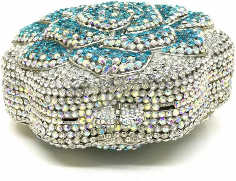 Women Round Rose Flower Crystal Evening Clutch Elegant Rhinestone Bride Purse Party Prom Wedding Handbag