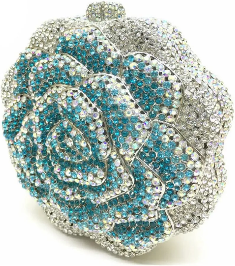 Women Round Rose Flower Crystal Evening Clutch Elegant Rhinestone Bride Purse Party Prom Wedding Handbag