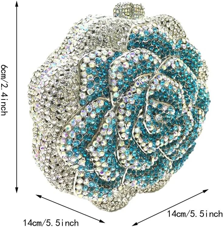 Women Round Rose Flower Crystal Evening Clutch Elegant Rhinestone Bride Purse Party Prom Wedding Handbag