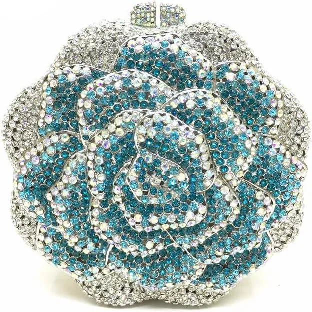 Women Round Rose Flower Crystal Evening Clutch Elegant Rhinestone Bride Purse Party Prom Wedding Handbag