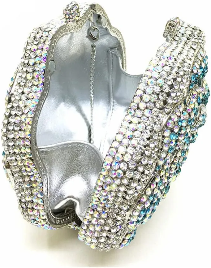 Women Round Rose Flower Crystal Evening Clutch Elegant Rhinestone Bride Purse Party Prom Wedding Handbag